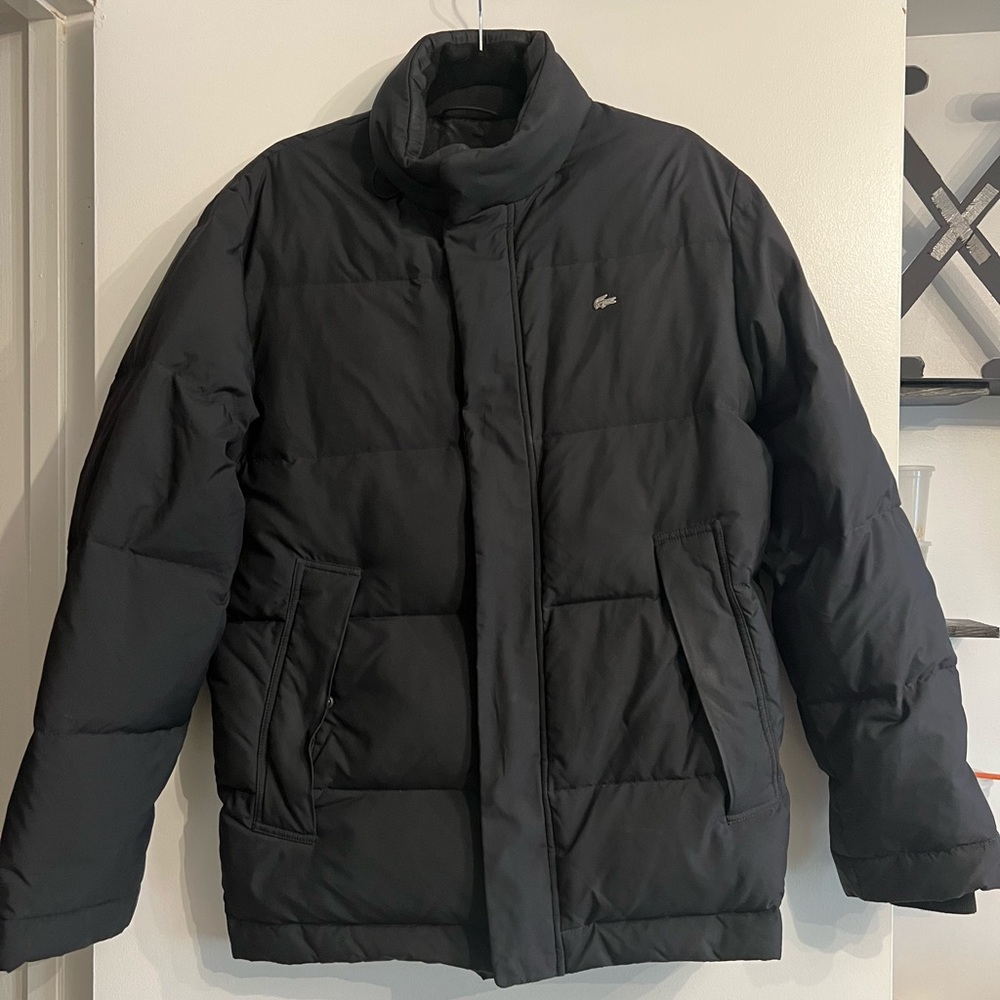 Lacoste mens black puffer coat with hidden hood size S